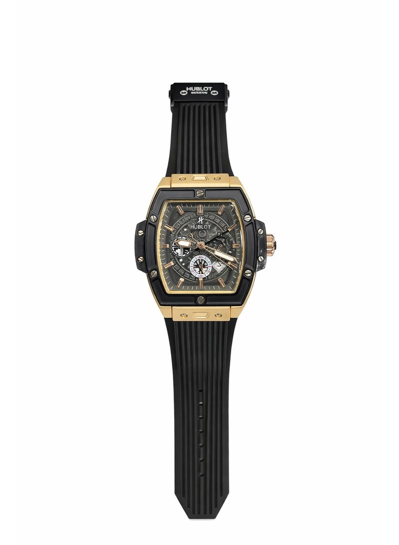 Hublot Skeleton Chronograph Watch with Black Rubber Strap and Gold-Tone Case